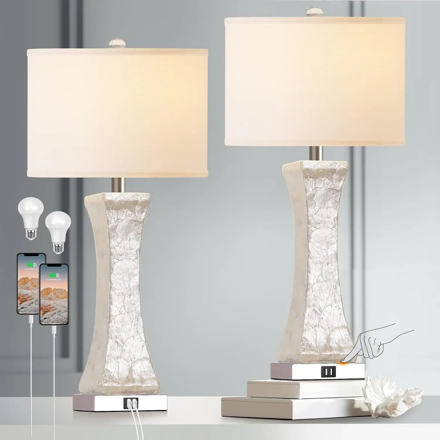 of 2 Touch Control Table Lamps, 28-inch Tall Coastal White Bedside Lamp with 2 USB Ports, 3-Way Dimmable Capiz Shell Nightstand
of 2 Touch Control Table Lamps, 28-inch Tall Coastal White Bedside Lamp with 2 USB Ports, 3-Way Dimmable Capiz Shell Nightstand