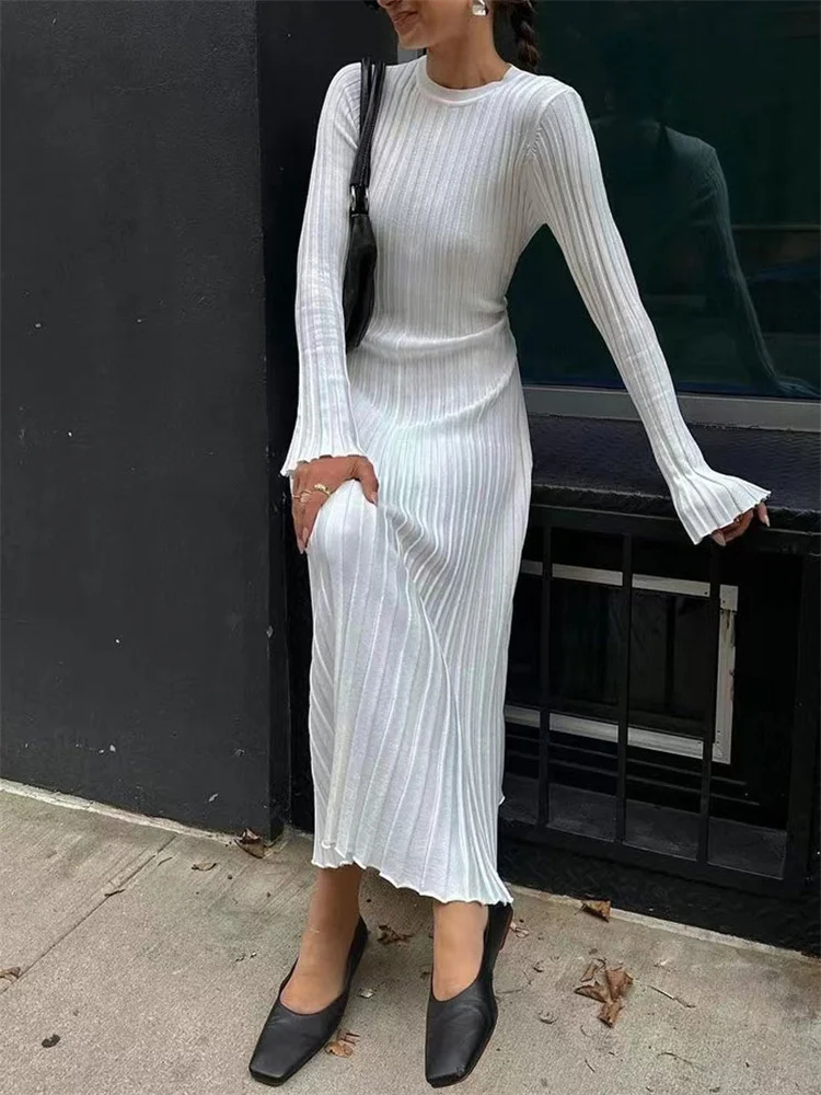 

Holifeni Tossy Lace-Up Long Sleeve Elegant Dress Knit For Women Loose Ribbed Slim High Waist Knitwear Maxi Dress Female Party