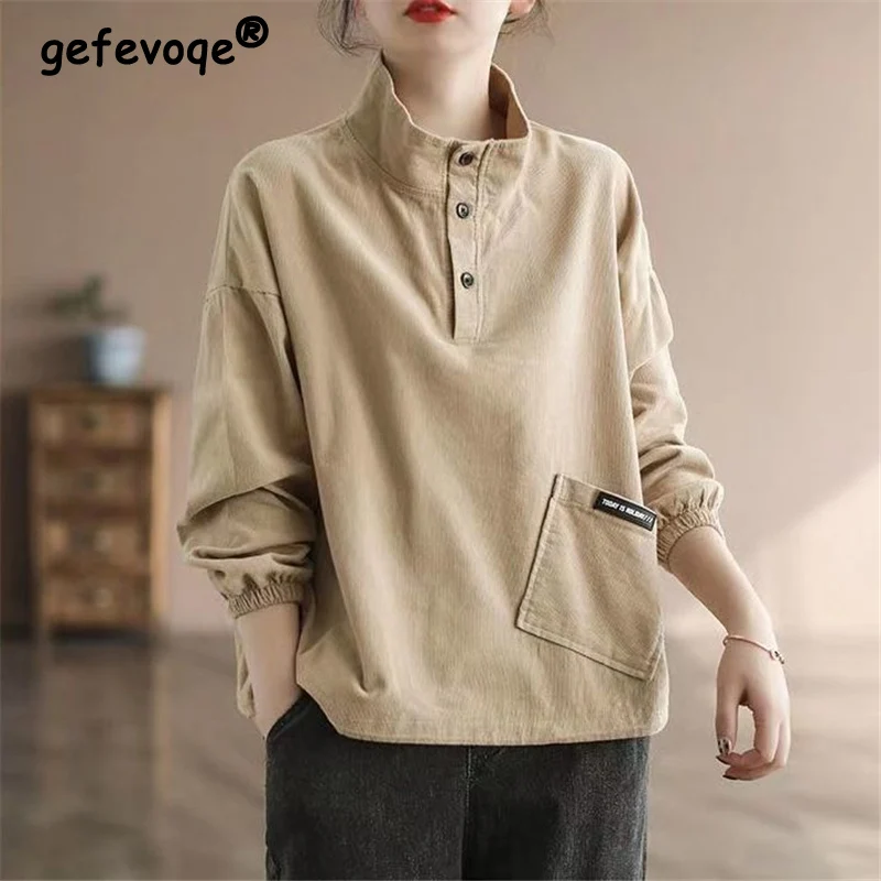 Retro Corduroy Casual Streetwear Loose Pocket Button Female Sweatshirt Spring Autumn Stand Collar Long Sleeve Solid Pullover Top
Retro Corduroy Casual Streetwear Loose Pocket Button Female Sweatshirt Spring Autumn Stand Collar Long Sleeve Solid Pullover Top
