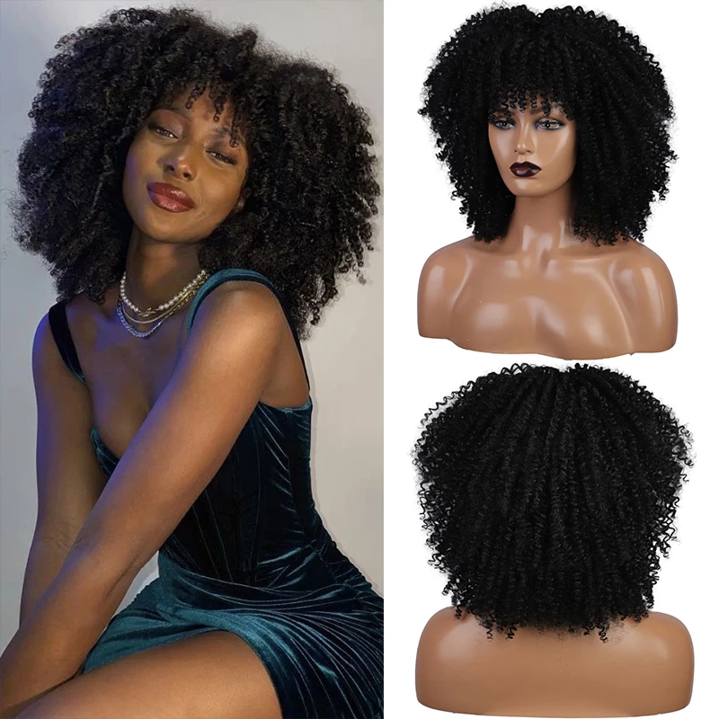 

Short Afro Curly Wig with Bangs Synthetic Kinky Curly Hair Wig with Bang Fluffy Natural Wigs for Black Women Black Blonde Red