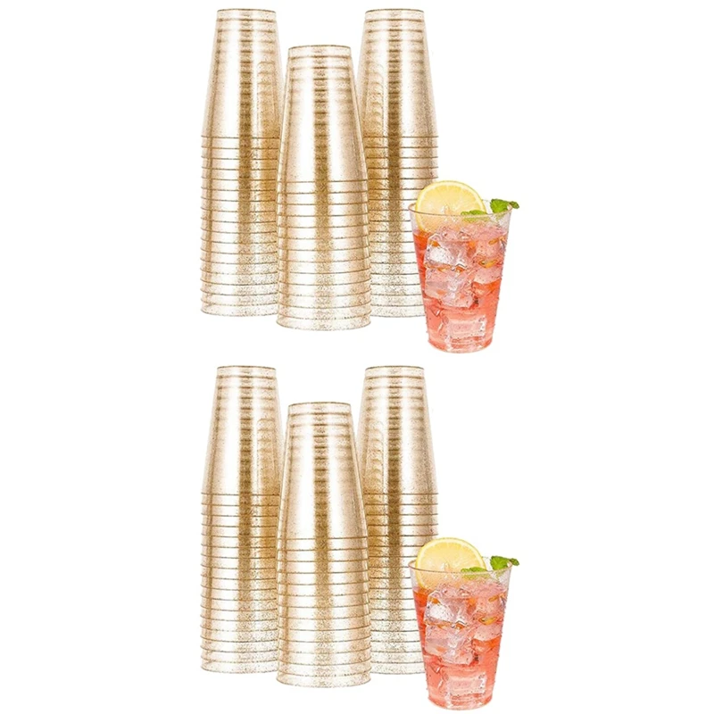 

New 100Pcs 10OZ Gold Plastic Cups, Disposable Gold Glitter Plastic Cups, Clear Plastic Cups Tumblers, Wedding Party Cups