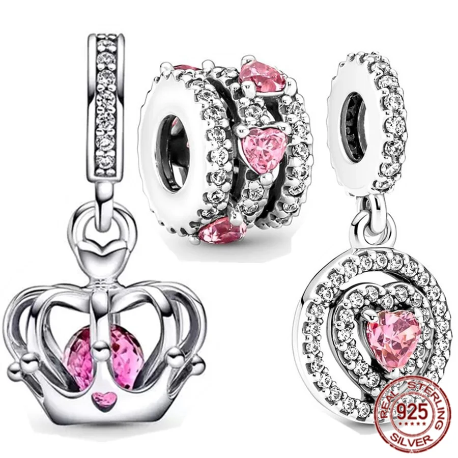 

Exquisite Silver 925 Sparkling Double Halo Pink Heart Regal Crown Dangle Charm Bead Fit Original Pandora Bracelet Women Jewelry