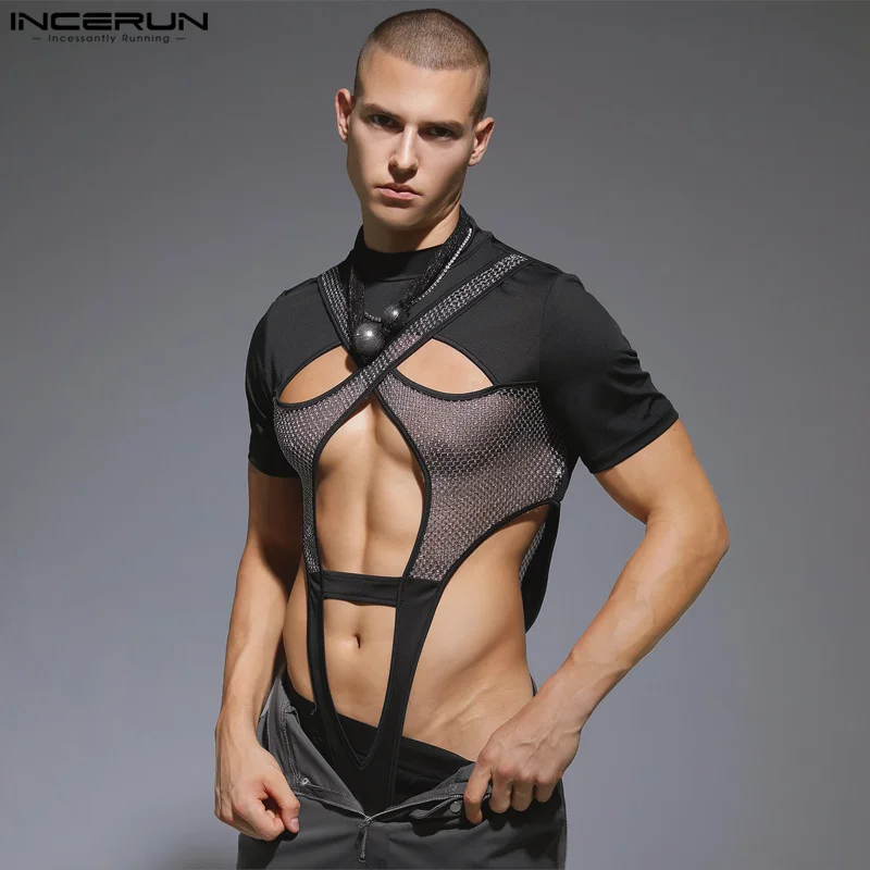

INCERUN 2023 Sexy New Men Bodysuits Hollow Deconstructed Mesh Rompers Stylish Male Spliced Triangle Short Sleeve Jumpsuits S-3XL