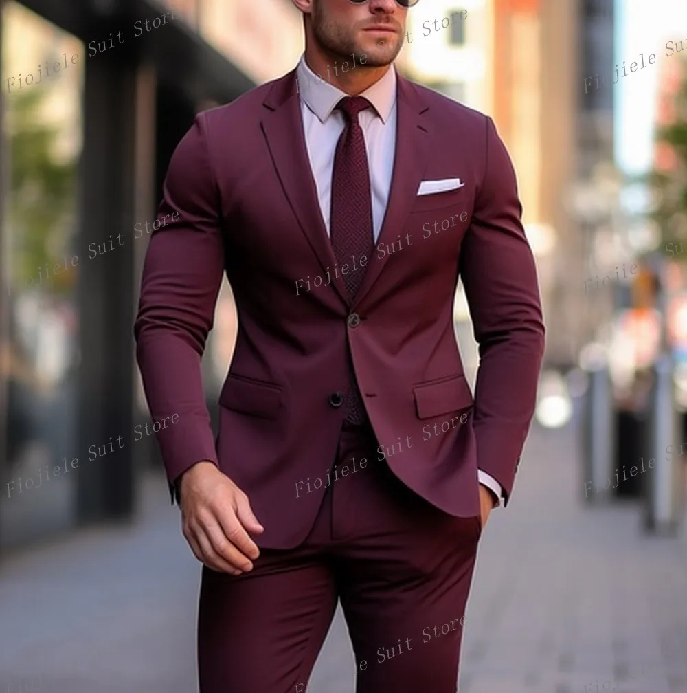 

New Burgundy Business Formal Occasion Men Suit Groom Groomsman Wedding Party Prom Casual Male Tuxedos 2 Piece Set Blazer Pants