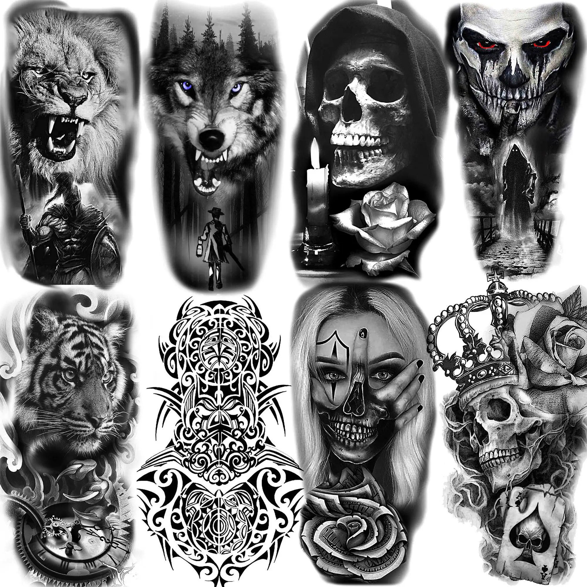 

8 Sheets Spartan Warrior Temporary Tattoos Sticker For Women Men Adults Fake Tattoos Black Lion Wolf Skull Tatoos Body Art Decor