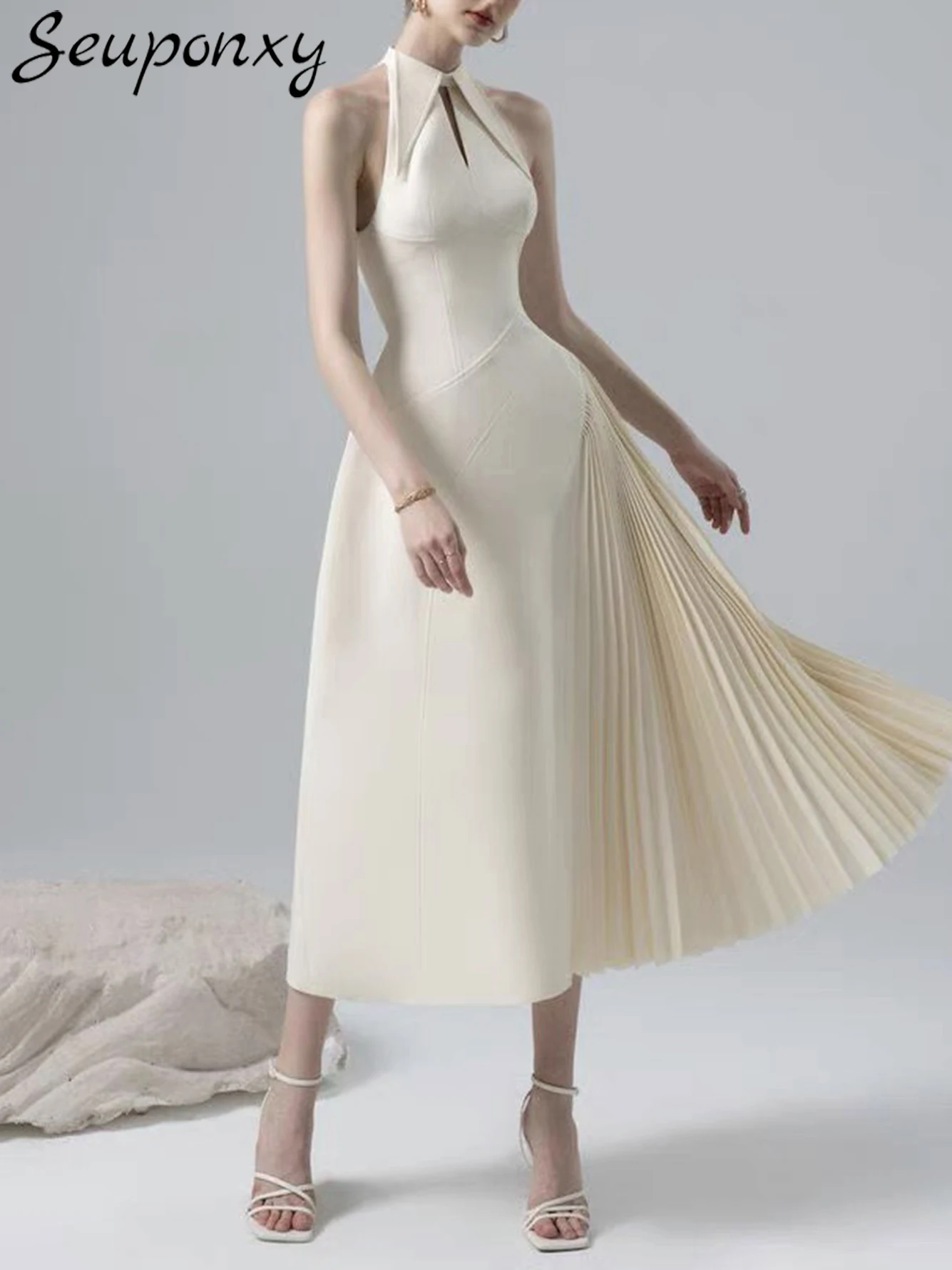 

Женское платье-миди без рукавов, абрикосовое плиссированное платье с круглым вырезом, лето 2024