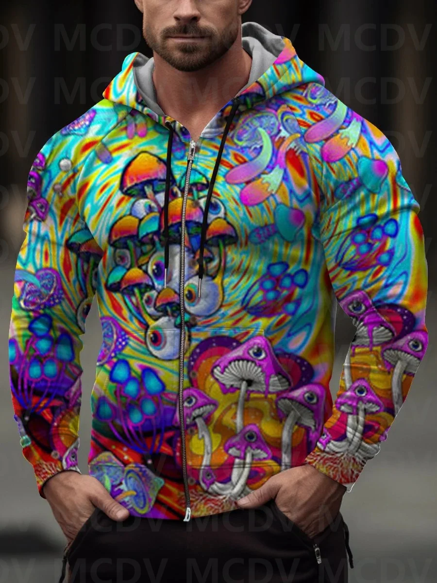 

Men's Psychedelic Art Magic Mushroom Trippy Hippie Casual Print Leaf Zip-Up Hoodie Sweatshirt