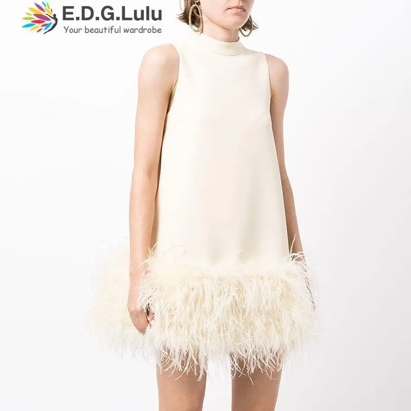 

EDGLuLu Fashion Stand Collar Sleeveless Feather Patchwork Mini Dress Vestidos Lady Evening Party Bodycon Mini Dresses 0311