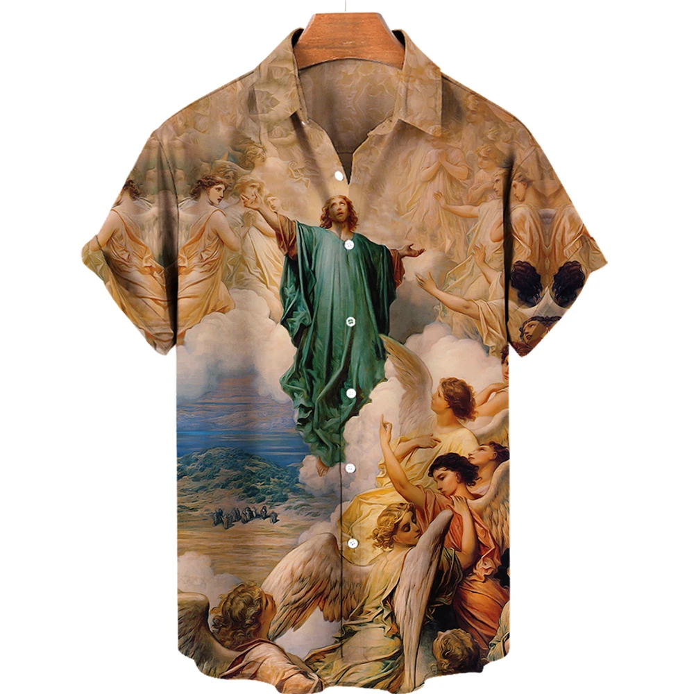 

God Jesus Mary Hawaiian Shirts For Men's Crucified Religion 3D Print Harajuku Casual Short Sleeve Oversived Top Clothes Tropical