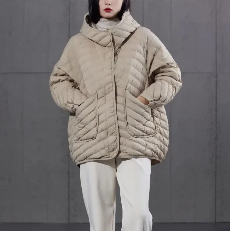

Winter 2024 Light Puffer Jacket Women 90% White Duck Down Coat Loose Hooded Commuter Casual Parkas Windproof Basic Warm Outwear