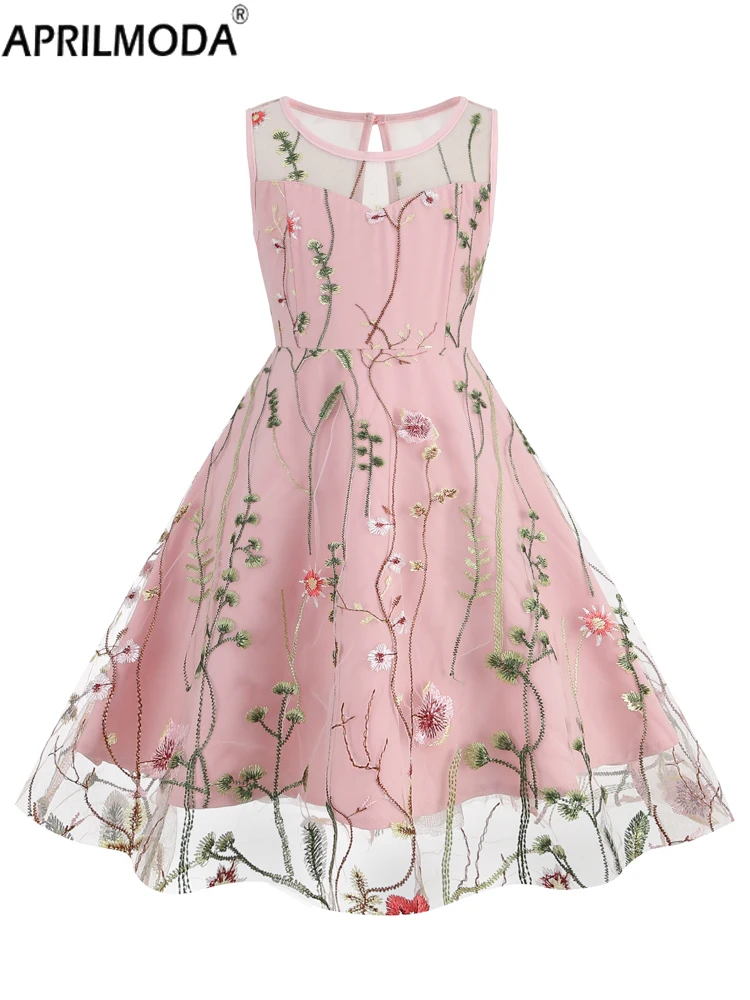 

2024 50s 60s Vintage Look Kids Princess Dress for Girls O-Neck Keyhole Back Swing Floral Embroidered Mesh Overlay Party Dresses
