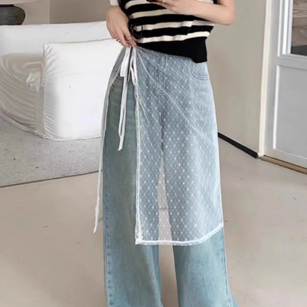 

INS Lace Layered Gauze Skirt Korean Style Blogger Lace Up Fart Curtain Apron Wrap Skirt Spicy Girl Y2k Streetwear Matching Pants