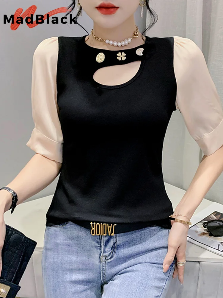 

MadBlack Summer European Clothes Stand Collar Tshirts Women Sexy Shiny Hot Drilling Slim Cotton Tops Short Puff Sleeves T34903M