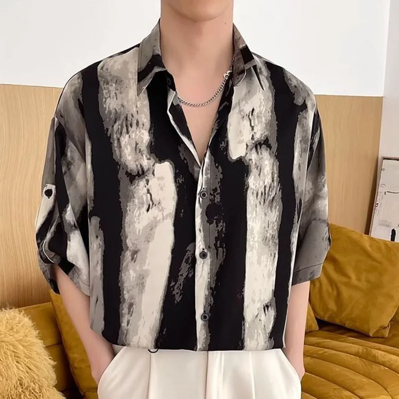 

Fashion Lapel Button Spliced All-match Printed Shirts Men's Clothing 2023 Summer New Loose Casual Tops Half Sleeve Korean Shirt