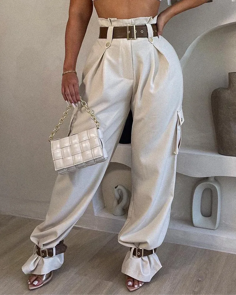 

Paperbag Waist Belted Pocket Design Cargo Pants Women High Waist Solid Color Summer Spring Pants Trousers