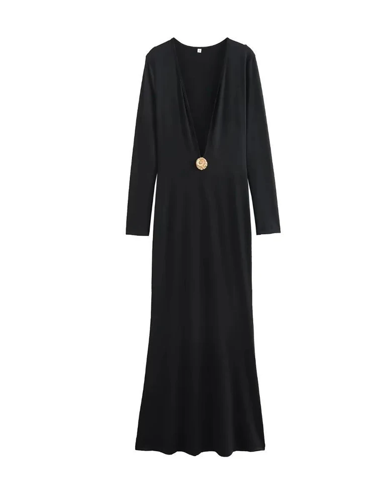 Women Deep V-neck Floral Buckle Black Maxi Dress Long Sleeve Slim Long Dresses Evening
Women Deep V-neck Floral Buckle Black Maxi Dress Long Sleeve Slim Long Dresses Evening