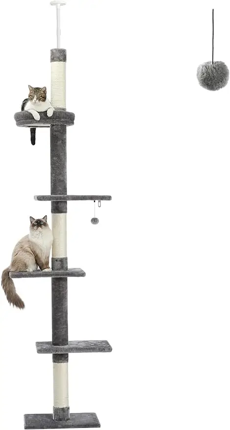 

PETEPELA Cat Tower 5-Tier Floor to Ceiling Cat Tree Height(95-107 Inches) Adjustable, Tall Cat Climbing Tree Featuring with Scra