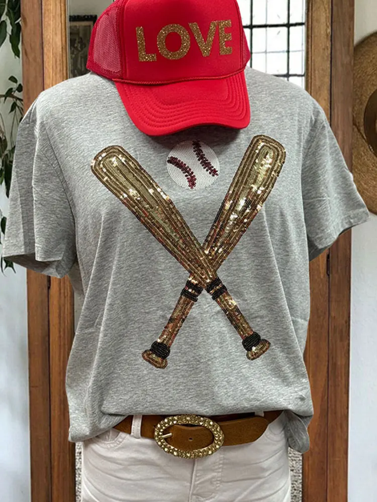 Baseball Sequin Tee Women's casual sports short-sleeved baseball pattern crew-neck top short-sleeved T-shirt
Baseball Sequin Tee Women's casual sports short-sleeved baseball pattern crew-neck top short-sleeved T-shirt