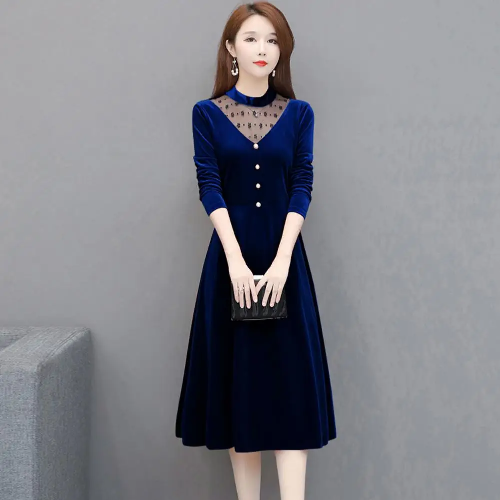 

Long Sleeve Slim Dress Elegant Velvet A-line Dress Office Lady's Chic Mesh Yarn Stitching Midi with Hollow Out Details Button