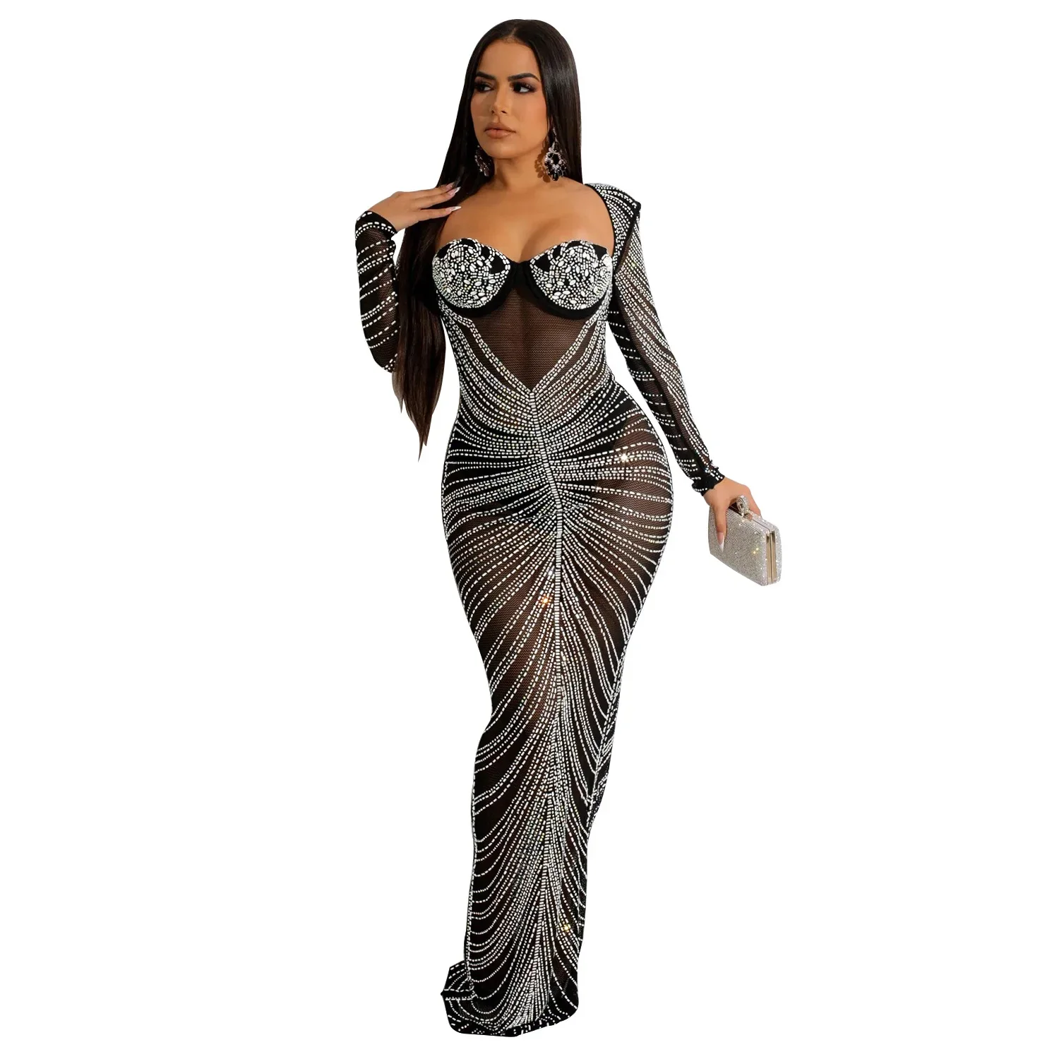 

Elegant Diamonds Sheer Mesh Evening Maxi Dresses Women Sexy Bodycon Long Sleeve Backless Party NightClub Robe