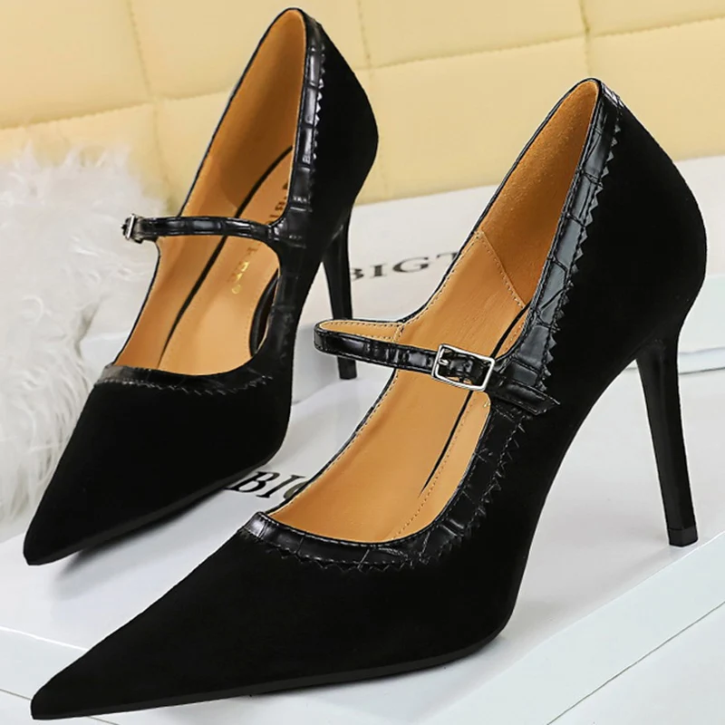 

Туфли-лодочки женские на шпильке 10 см, флоковые туфли на очень высоком каблуке, заостренный носок, Однорядная Пряжка, Ретро стиль, черные, размеры 34