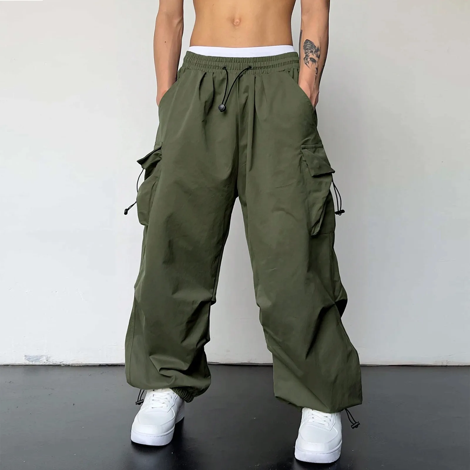

Loose Fit Cargo Pants For Men Solid Streetwear Tooling Trousers Mid-Waist Drawstring Wide Leg Baggy Trouser Beam Feet Long Pants