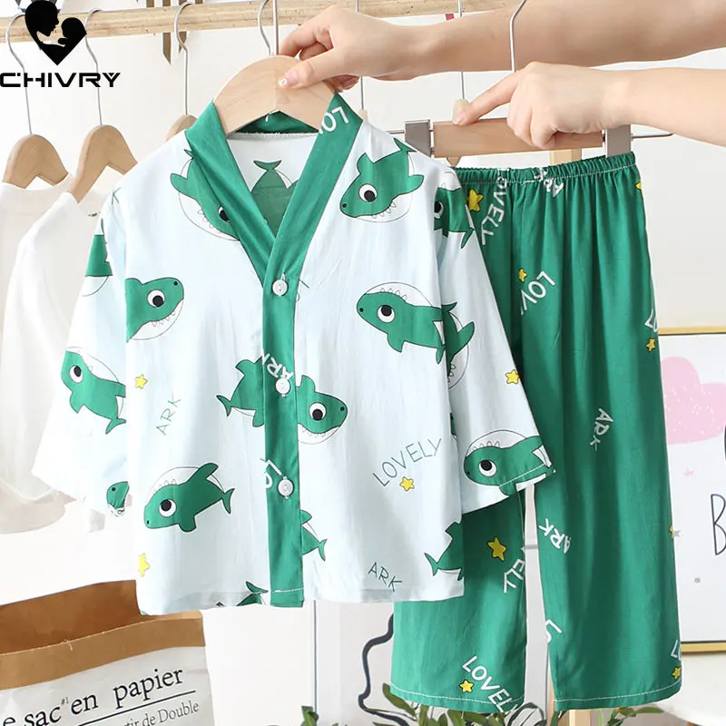 

New 2023 Kids Boys Girls Summer Thin Pajamas Homewear Cute Cartoon V-neck T-Shirt Tops with Pants Baby Sleeping Clothing Sets