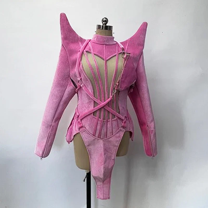 

Sexy Pink Velvet Bodysuit Stand Shoulder Singer Dancer Stage Costume Drag Queen Clothing Gogo Dance Wear Rave Outfit