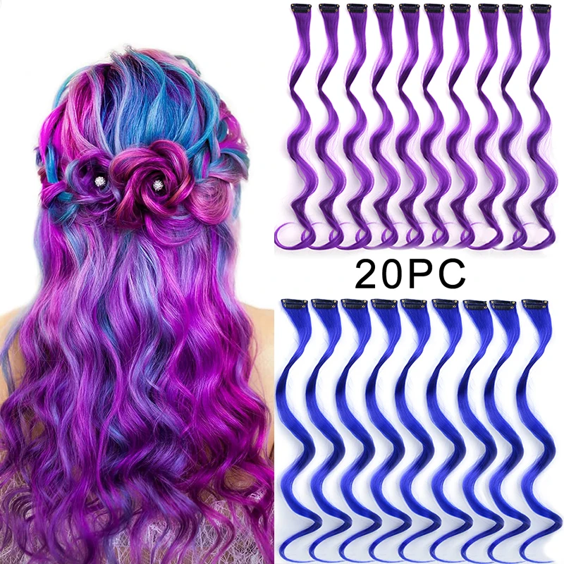 

20PCS Curly Colored Hair Extensions Party Highlights Colorful Hair Extensions Rainbow Curly Wavy Synthetic Hairpieces for Girls