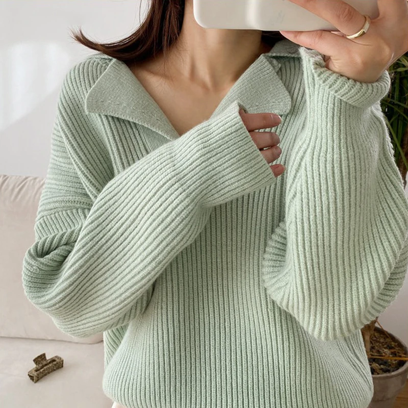 

New Knitted Sweater Women Elegant Lazy Oaf Coarse Yarn Striped Cashmere Pullovers Coat V-neck Long Sleeve Female Jumpers
