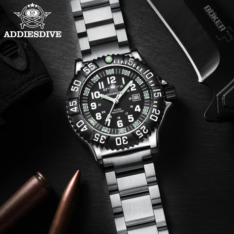 

ADDIESDIVE Men's Quartz Watch Silver Steel belt Wristwatches Vintage 50M Waterproof Luminous Watches High Quality relogio