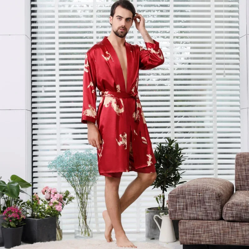 

Комплект атласный мужской из 2 предметов, одежда для сна с принтом дракона, шелковая ночная рубашка и халат, повседневное кимоно, Свободная Домашняя одежда, большие размеры 4Xl 5Xl
