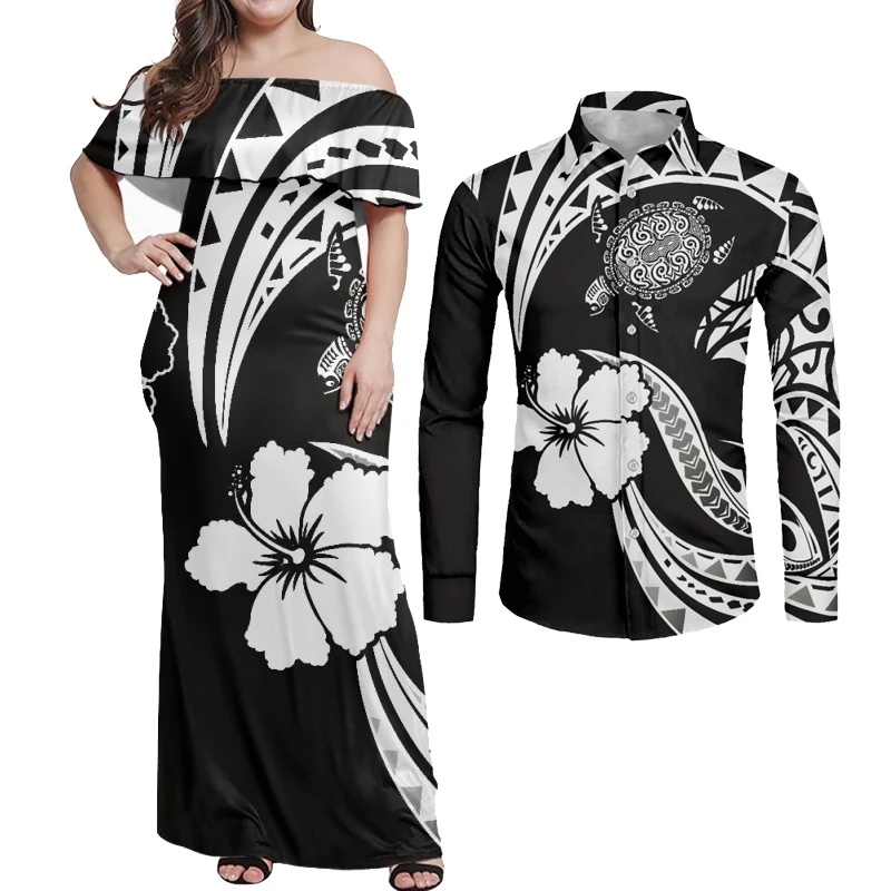 

HYCOOL Women Off Shoulder Sexy Bodycon Dress Elegant Black Hawaii Polynesian Plumeria 2pcs Set Men Shirt Couple Clothes