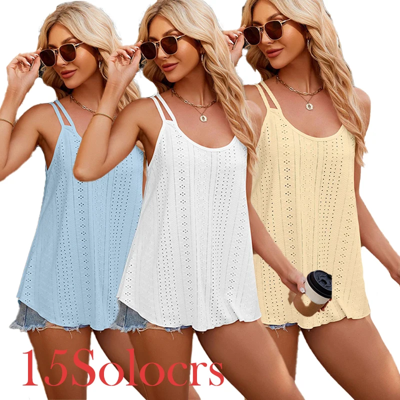 

Elegant A-Line Strap Tank Top Hollow Out Office Vacation Sleeveless Camisole Fashion Summer Female Women Seaside Cotton Clothes