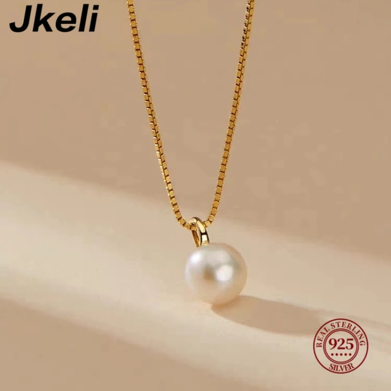 

Jkeli Real 925 Sterling Silver Round Pearl Box Chain Choker Necklace For Women Party Cute Fine Jewelry Minimalist Bijoux