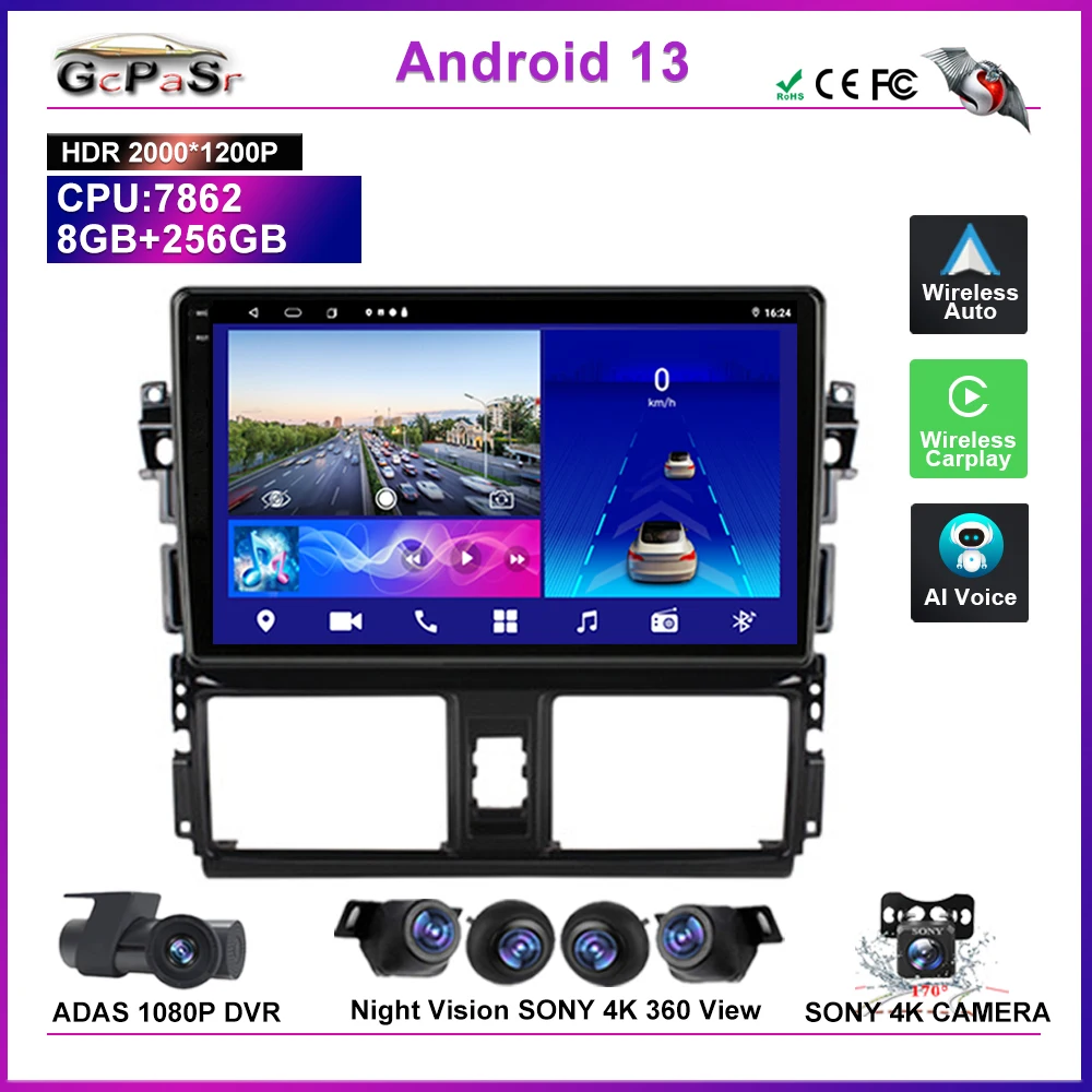 

Car Android 13 For Toyota Vios Yaris 2013 2014 2015 2016 Wireless Carplay Multimedia 5G QLED Screen Screen High-performance CPU