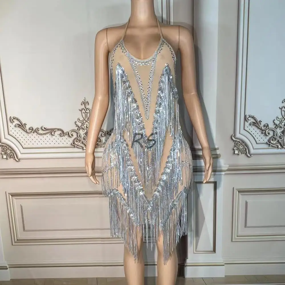 Sparkly Rhinestones Sequins Fringes Halter Backless Dress Sexy Transparent Evening Prom Birthday
Sparkly Rhinestones Sequins Fringes Halter Backless Dress Sexy Transparent Evening Prom Birthday