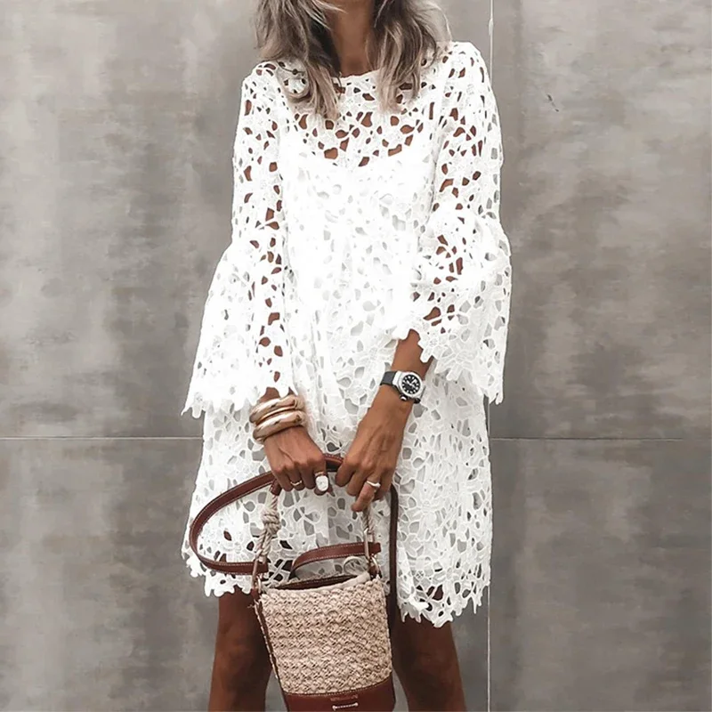 

White Dress Lace 2024 Spring Summer Clothes for Women Flared Sleeve Casual Loose Two Pieces Mini Ruffles Dresses Party Vestidos