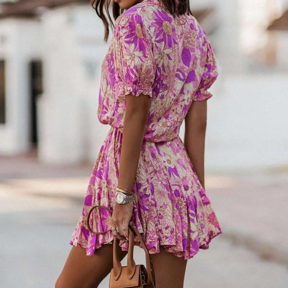 

Fashion Short Dress Elastic Cuffs Buttons Placket Summer Dress Bright Flower Print Pleated Hem Summer Shirt