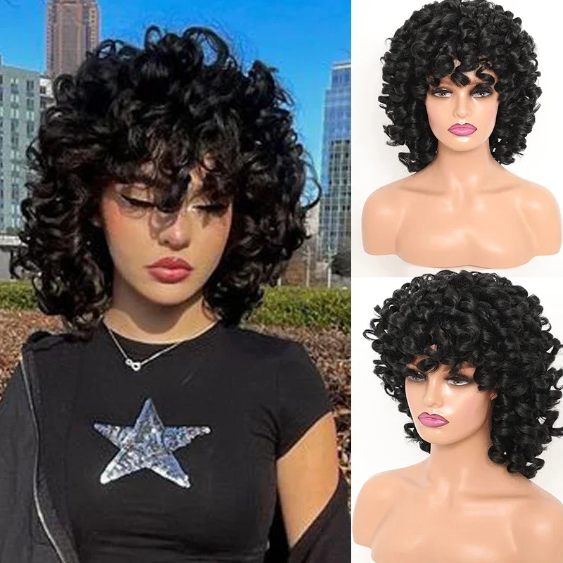 

Black Short Afro Fulffy Curly Wig with Bang Natural Bouncy Loose Curly Bob Wigs for Women Cosplay 12'' Synthetic Kinky Curly Wig