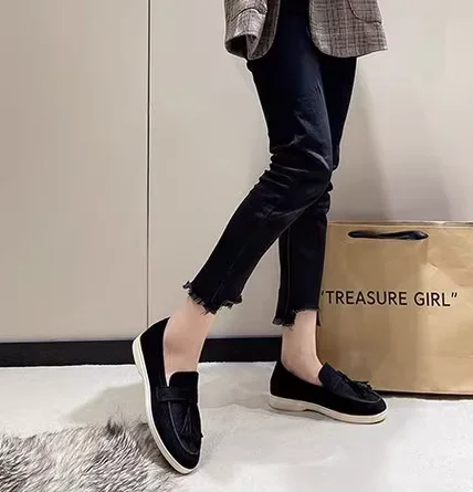 Womens Flock Thick Bottom Driving Shoes Round Toe Flock Tassel White Sole Soft Moccasines In Green Black Wide Fits Slip-On 35-45 Womens Flock Thick Bottom Driving Shoes Round Toe Flock Tassel White Sole Soft Moccasines In Green Black Wide Fits Slip-On 35-45