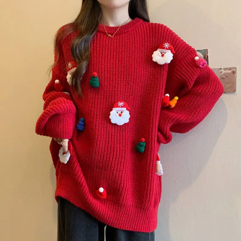 Christmas Red Sweater Korean Fashion Loose Round Neck Knitted Long Sleeved Top Pullovers Woman Clothes Autumn and Winter Coat
Christmas Red Sweater Korean Fashion Loose Round Neck Knitted Long Sleeved Top Pullovers Woman Clothes Autumn and Winter Coat