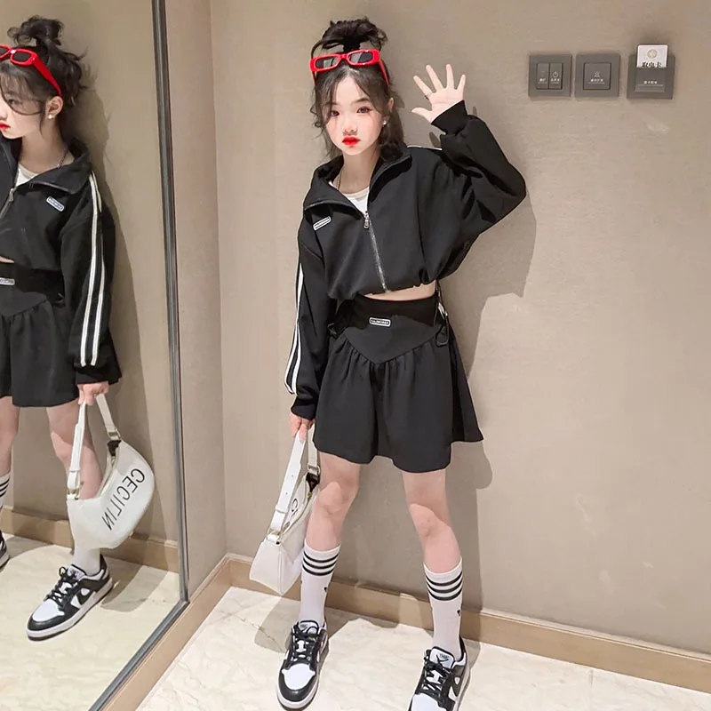 

Girls sports short skirt suit Spring Autumn 2023 childrens zipper shirt pull coat+Pleated skirt 2pcs teenage clothes set outfit