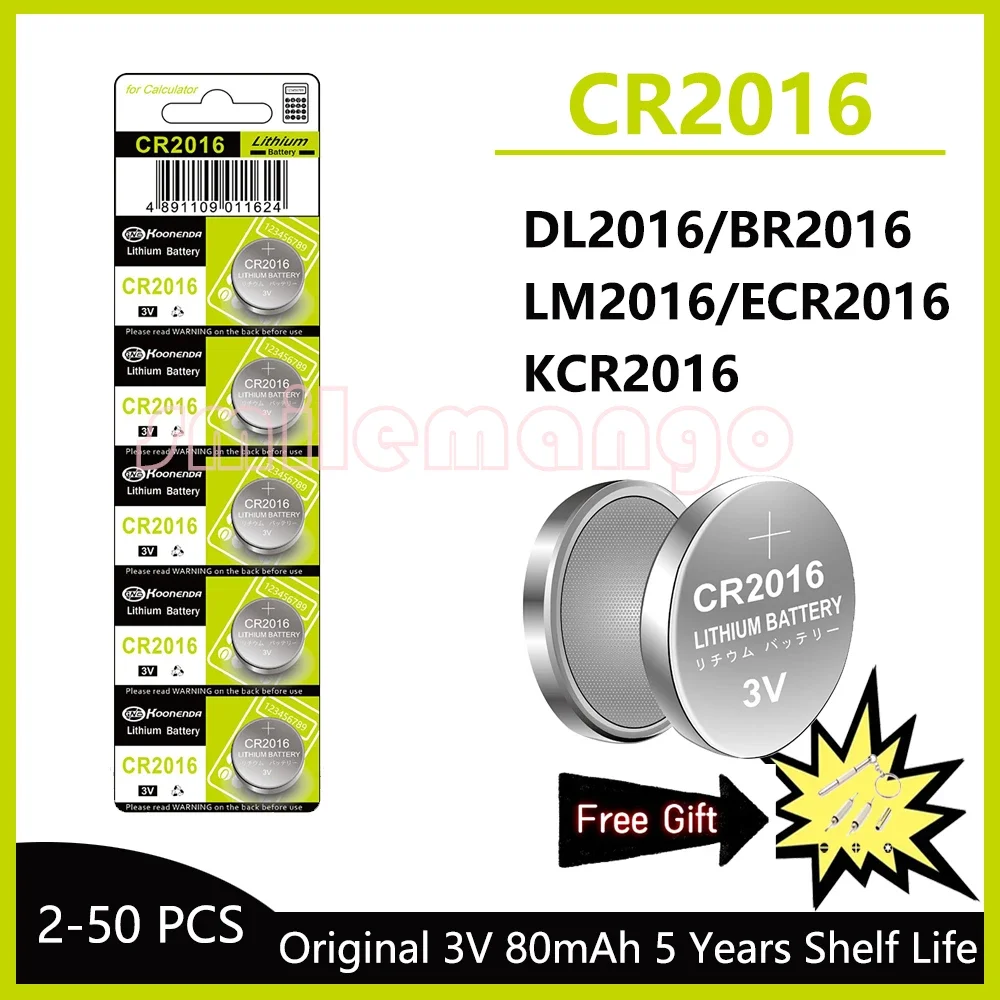 

2-50PCS 3V 80mAh CR2016 Button Coin Cell DL2016 ECR2016 BR2016 3V Lithium Battery For Watch Car Key Remote Computer Motherboard