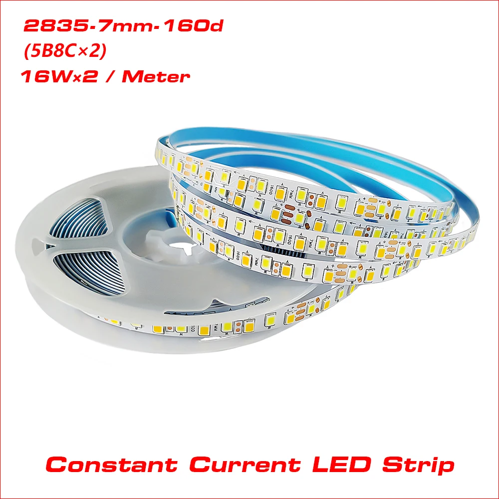 

(3 solder joints) 5 meters 2835-160D-7mm Highlight LED strip constant current LED ribbon 16W×2/Meter 3colors light belt