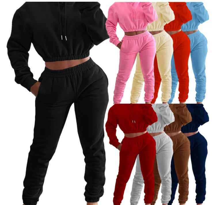 

Winter Women's Hood Tracksuit Sweatsuit Set Solid Color Nude Velvet Joggers Pullover Hoodies And Sweat Pant Two Piece Sets