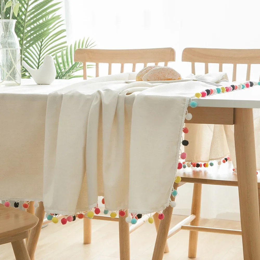 

Decorative Cotton and Linen Tablecloth With Colored Wool Ball Plain Thick Rectangular Kitchen Dining Table Cover Tea Table Cloth