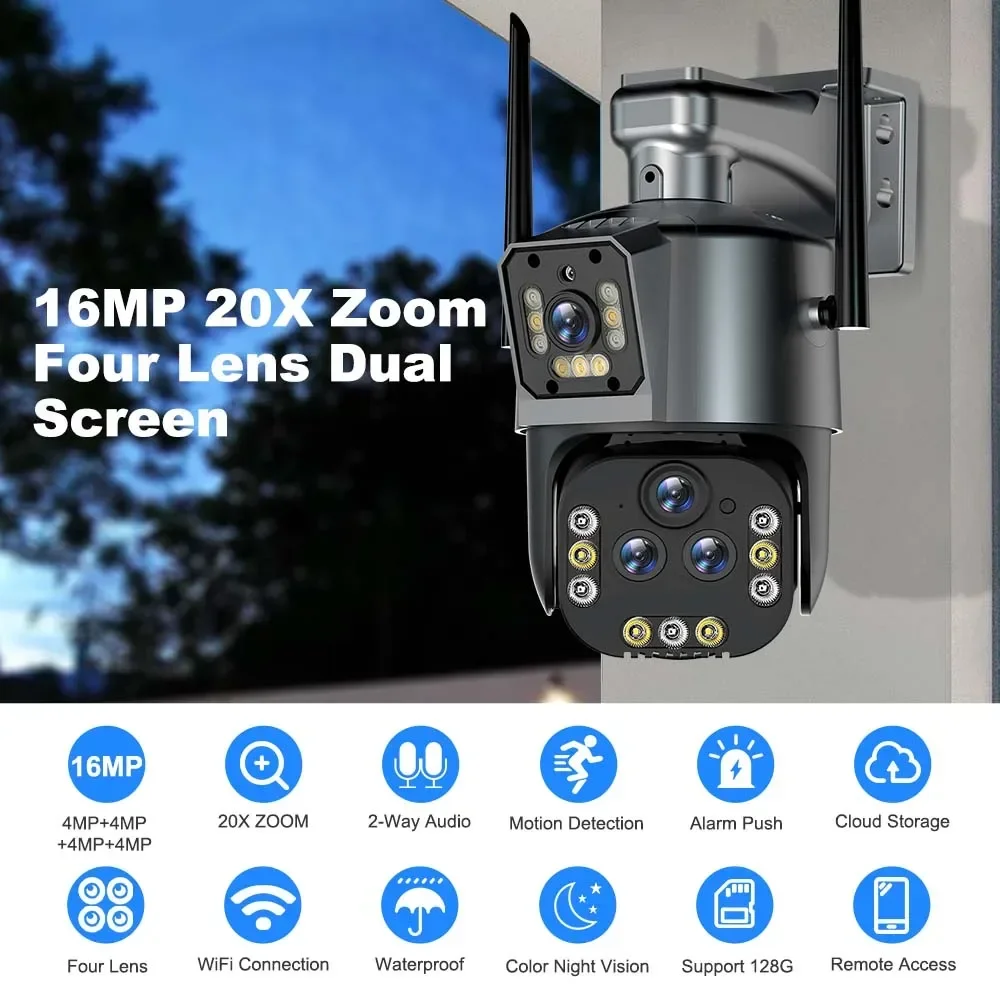 

Cameras Smart Home Security Camera Four Lens CCTV Cam 8K 16MP WiFi IP Camera 20X Zoom PTZ Outdoor Wireless 4K Video Surveillance