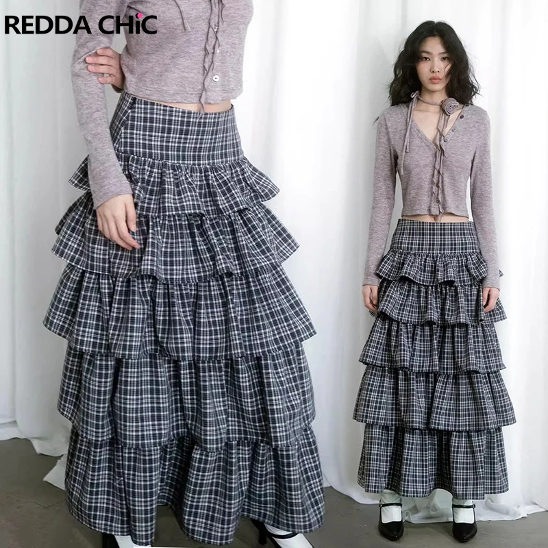 

ReddaChic Low Rise Tiered Ruffle Plaid Long Skirt Women Korean Casual Gray Checkered JK Puffy Cake Skirt Y2k Vintage Clothing