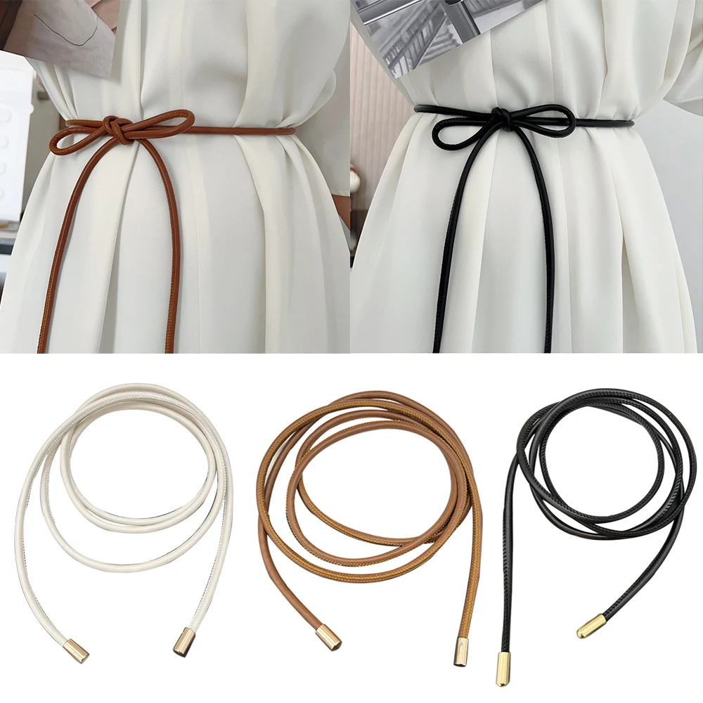 

Female Thin Waist Chain Thin Belt PU Leather Slim Belt Tie With Dress Long Waist Rope Knotted Vintage Dresses String Waistband